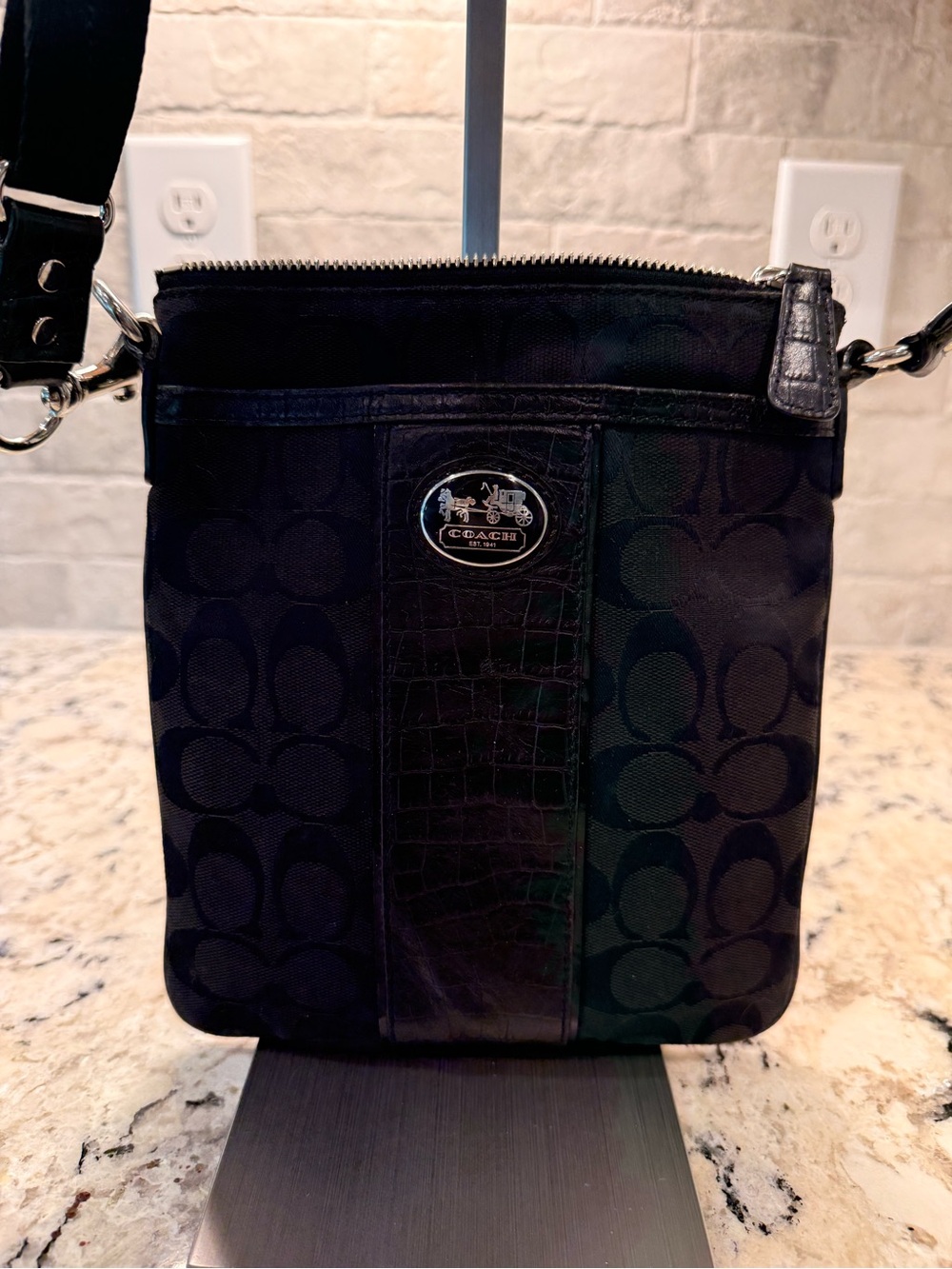 Coach EUC Black Signature Jacquard Crossbody with Croc-Embossed Trim